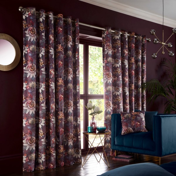 Pasionaria Mulberry Eyelet Curtains and Cushion by Studio g